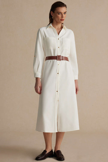 Long Sleeve Collar Belted Midi Dress