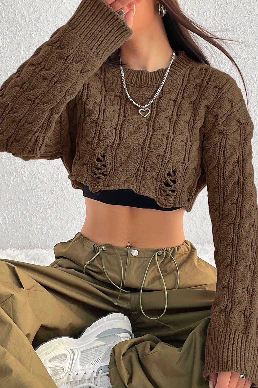 Destroyed Round Neck Cable Knit Top