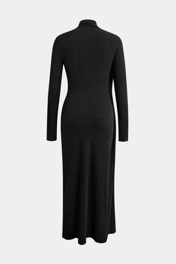 Mock Neck Wrap Ruched Long Sleeve Slit Maxi Kleid