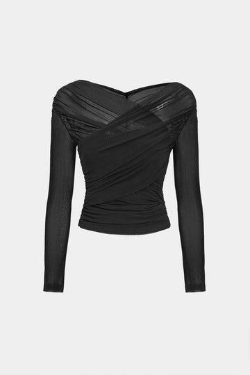 Solid Sheer Mesh Ruched Long-Sleeve Top