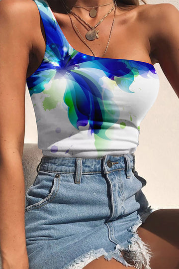 Abstract Print One-Shoulder Crop Tank Top