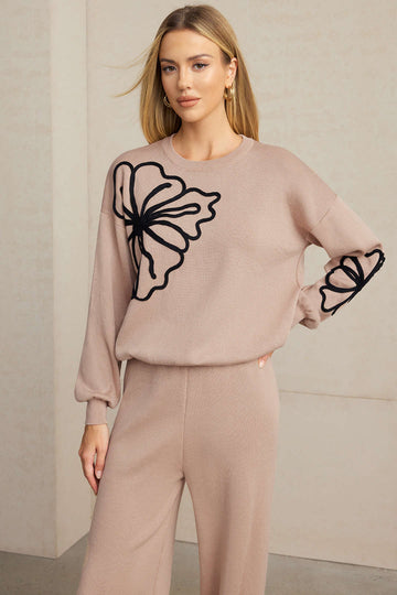 Knit Round Neck Embroidery Long-Sleeve Top And Wide Leg Pants Set