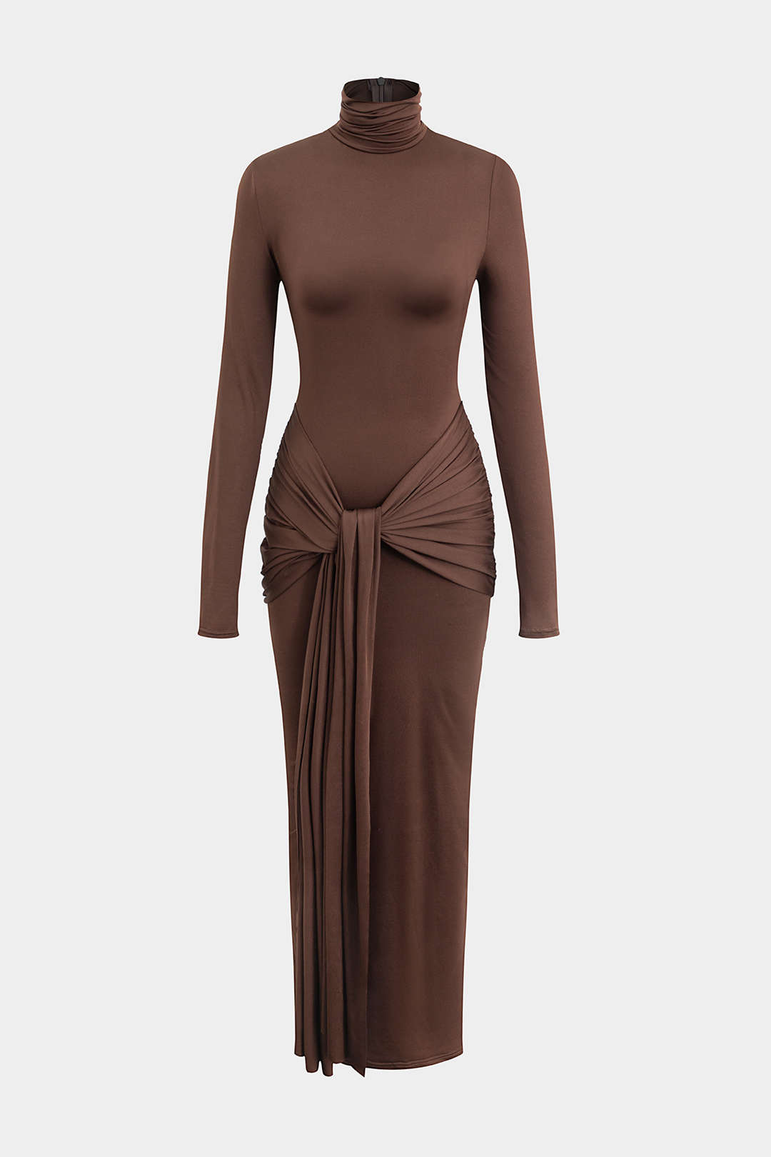 Wrap Ruched High Neck Long Sleeve Maxi Dress