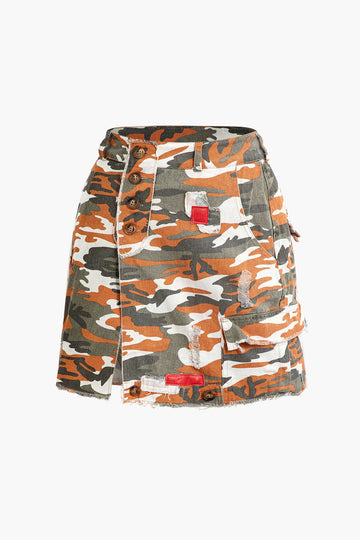 Camo Frayed Split Mini Skirt