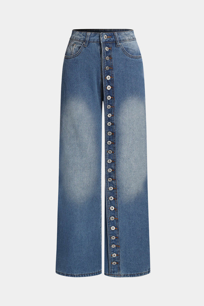Denim Button High Waist Straight Leg Jeans - decent-life