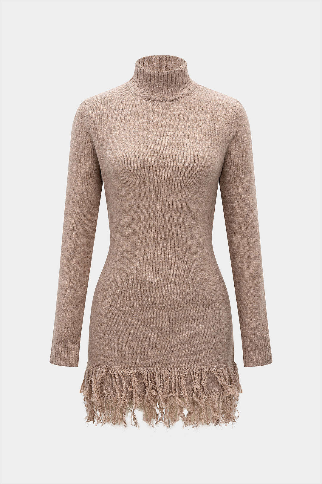 Knit Fringe Mock Neck Long Sleeve Dress