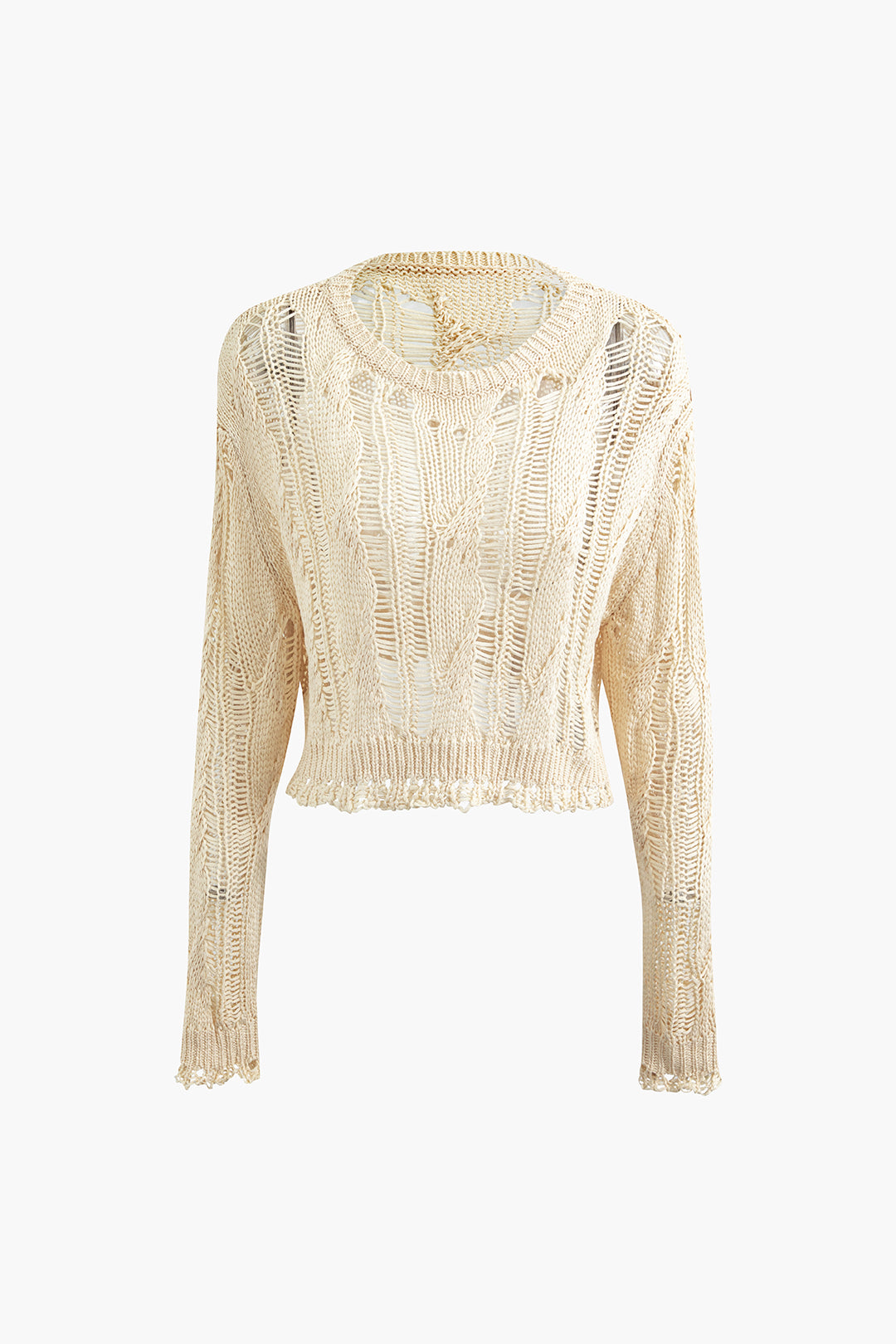 Distressed Laddered Knit Long Sleeve Crop Cover-Up Top