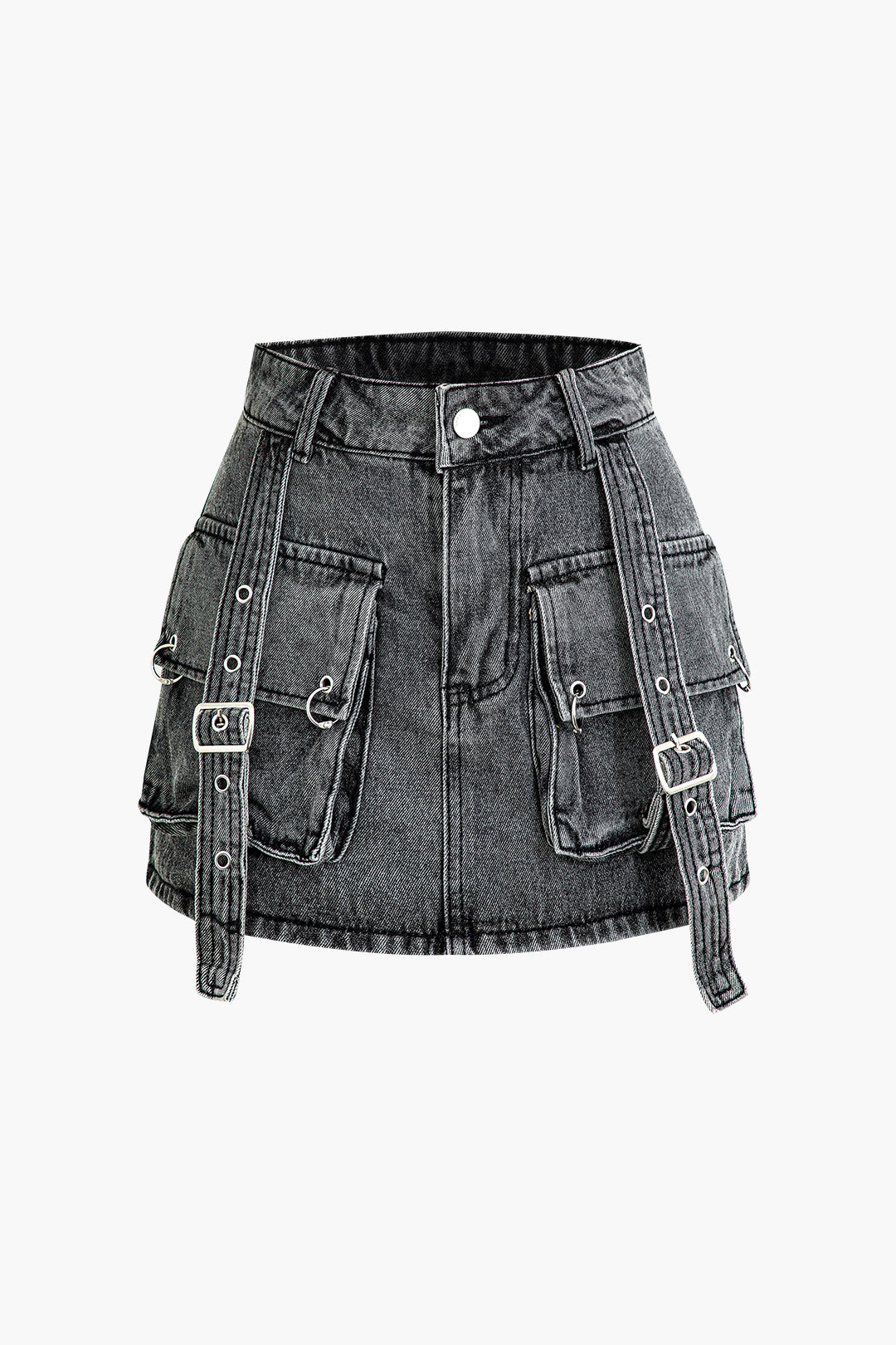 Belt Detail Flap Pocket Denim Mini Skirt