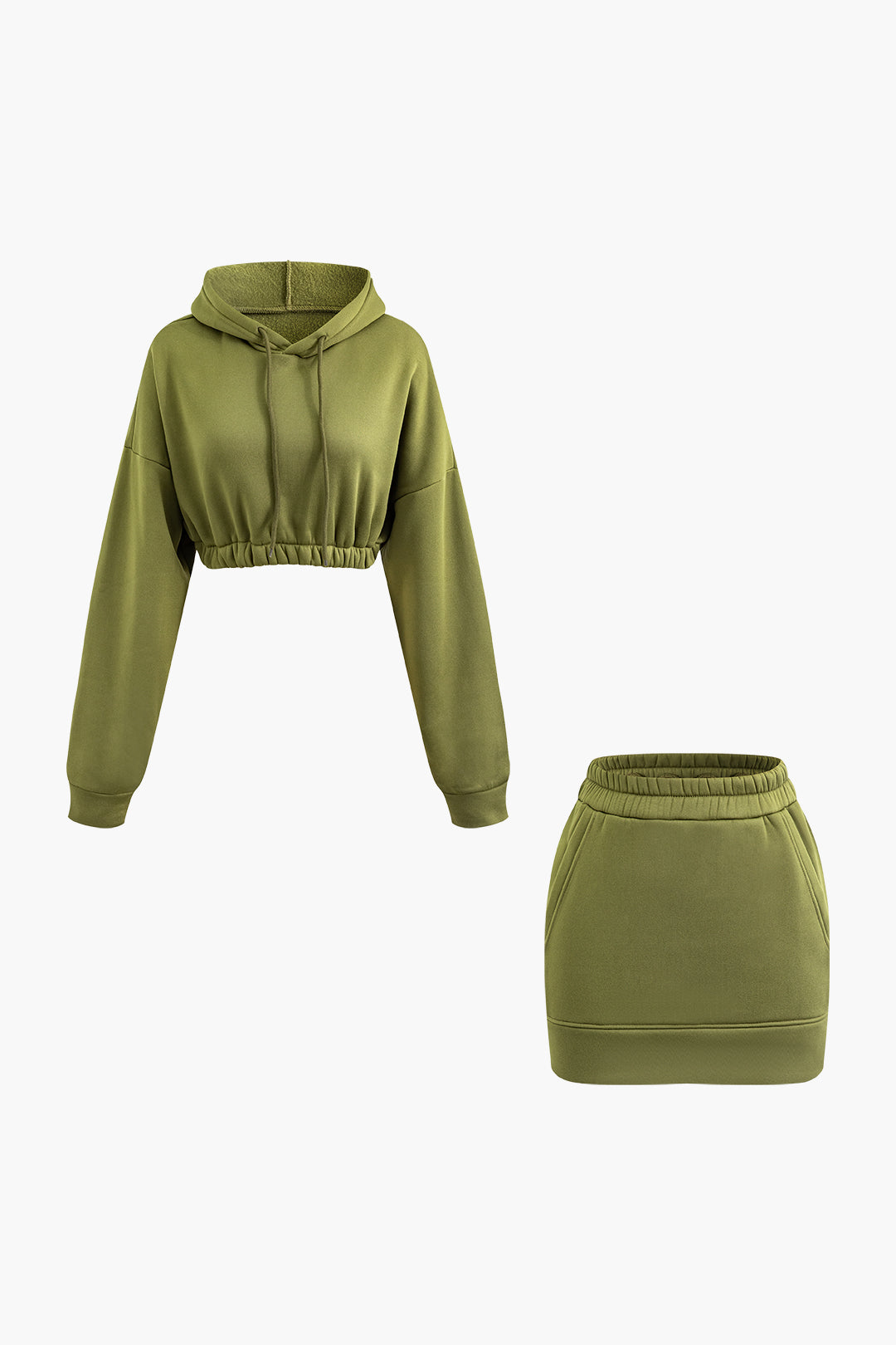 Solid Drawstring Zipper Hoodie And Mini Skirt Set