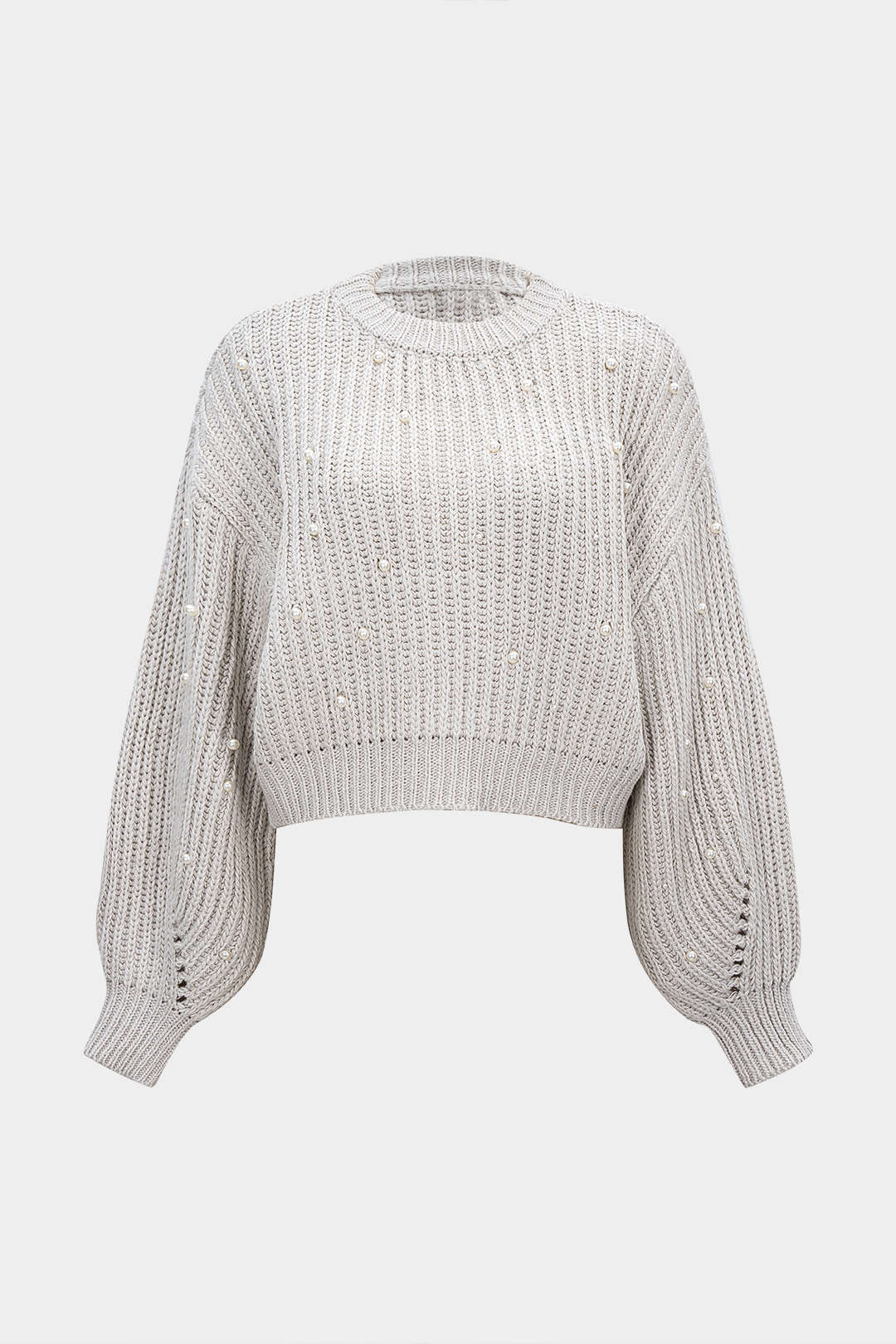 Knit Beaded Decor Round Neck Long-Sleeve Top