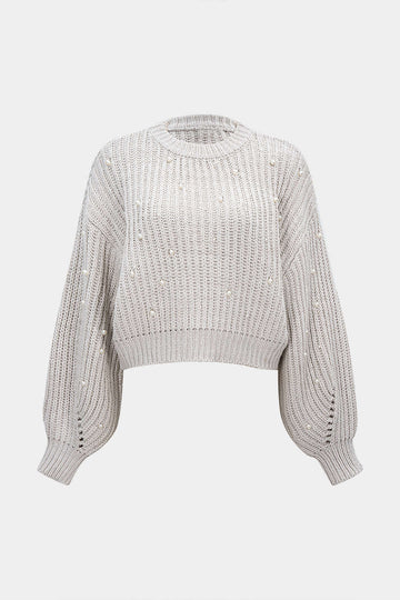 Knit Beaded Decor Round Neck Long-Sleeve Top