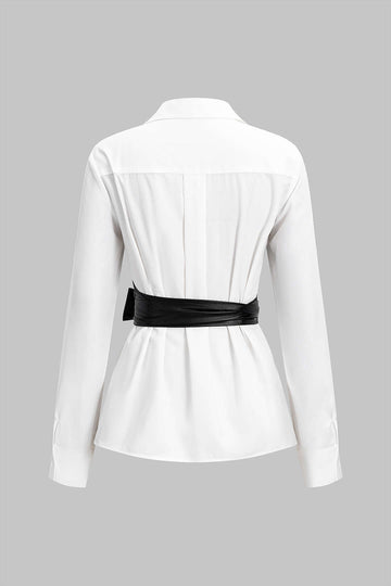 Faux Leather Patchwork Tie-Back Long-Sleeve Shirt