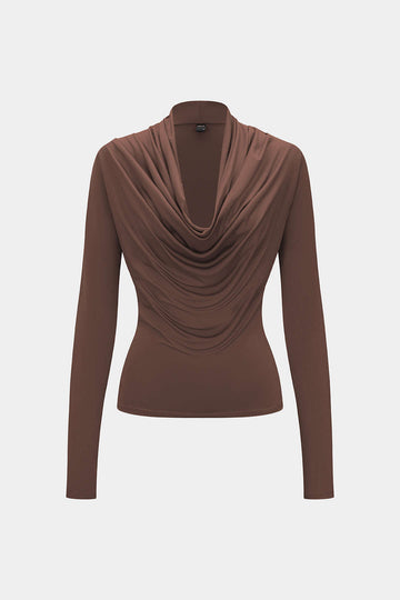 Ruched Draped Cowl Neck Long-Sleeve Top