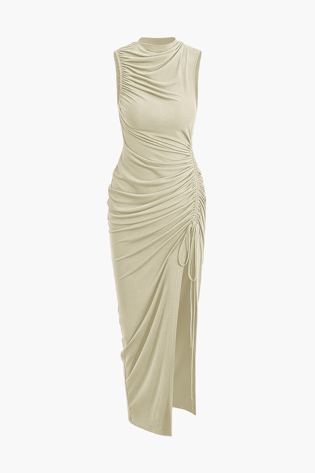 Asymmetric Ruched Drawstring Slit Sleeveless Maxi Dress