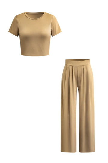 Basic Solid Crop T-shirt And Pleated High Waist Wide Leg Pants Set