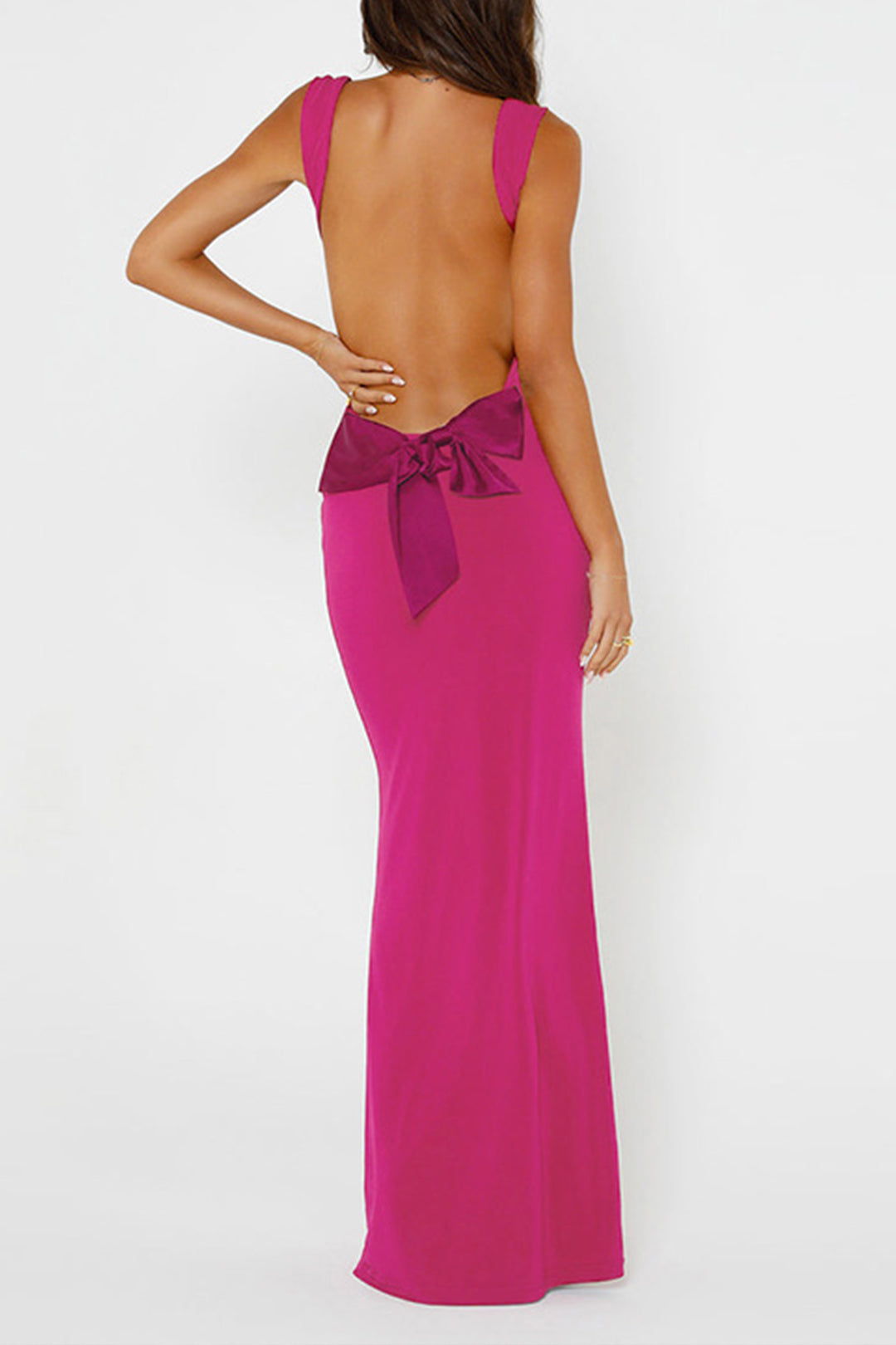 Bow Backless Cowl Neck Maxi Dress
