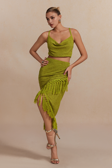 Solid Cowl Neck Top And Fringe Ruched Skirt Set