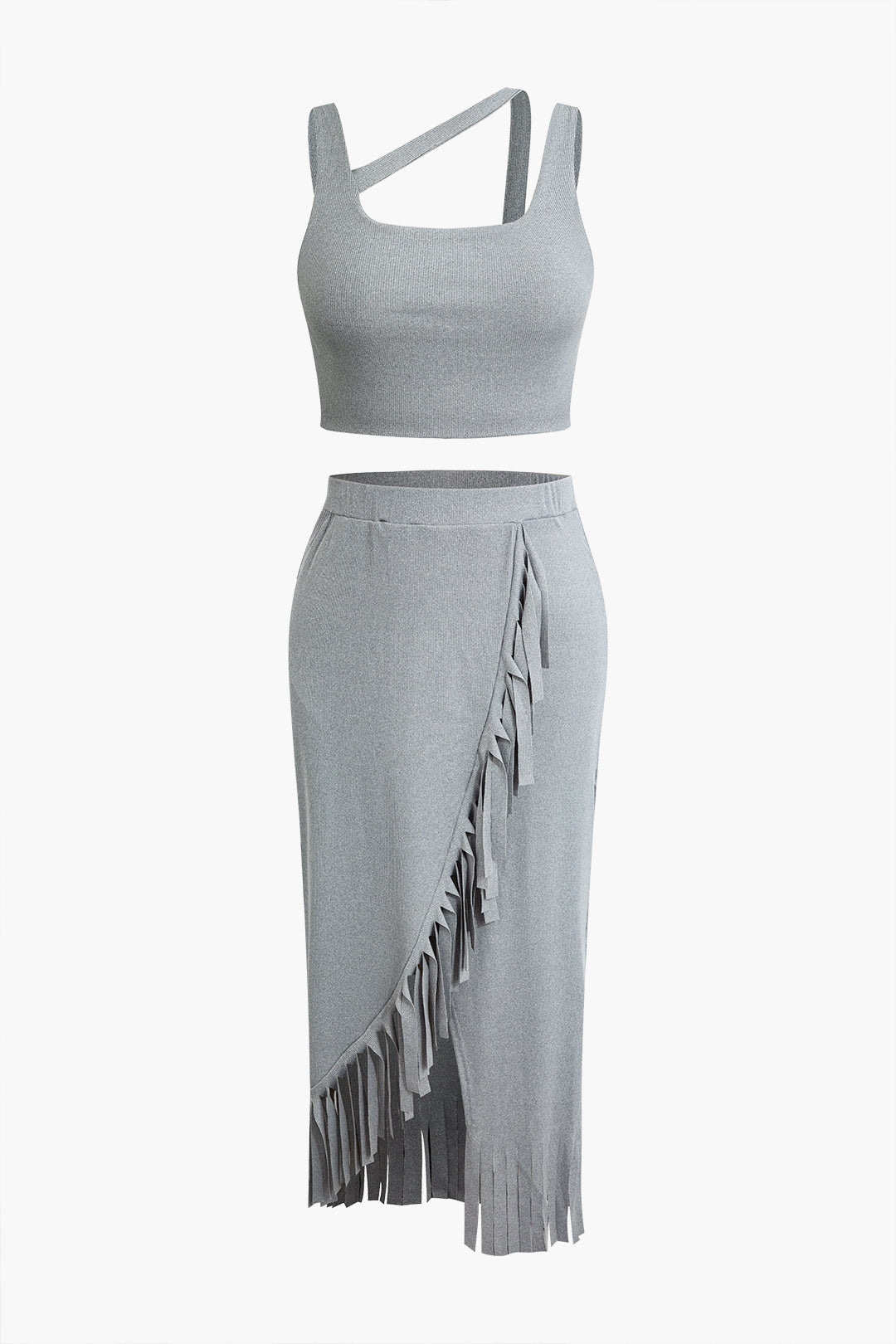 Plus Size Asymmetrical Strap Crop Top And Fringe Wrap Skirt Set