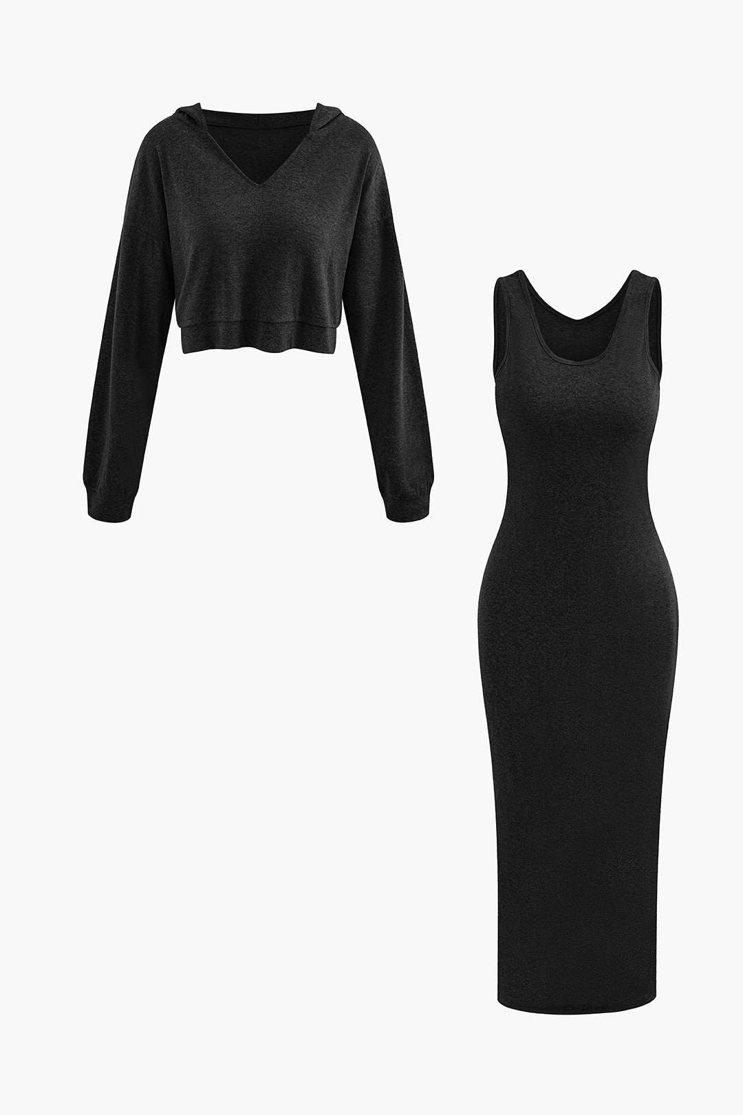 Basic ärmelloses maximales Kleid mit V-Ausschnitt und Sweatshirt-Set mit Kapuze