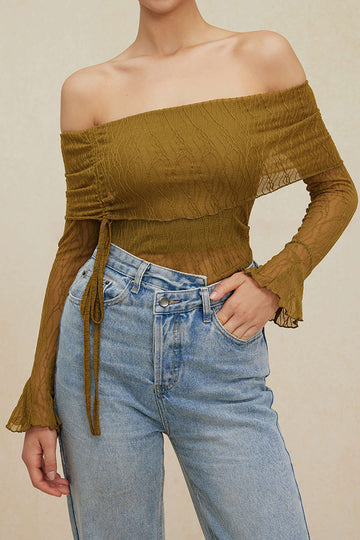 Texture Off Shoulder Asymmetrical Tie Mesh Top