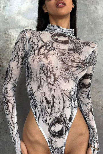 Abstract Round Neck Long Sleeve Bodysuit