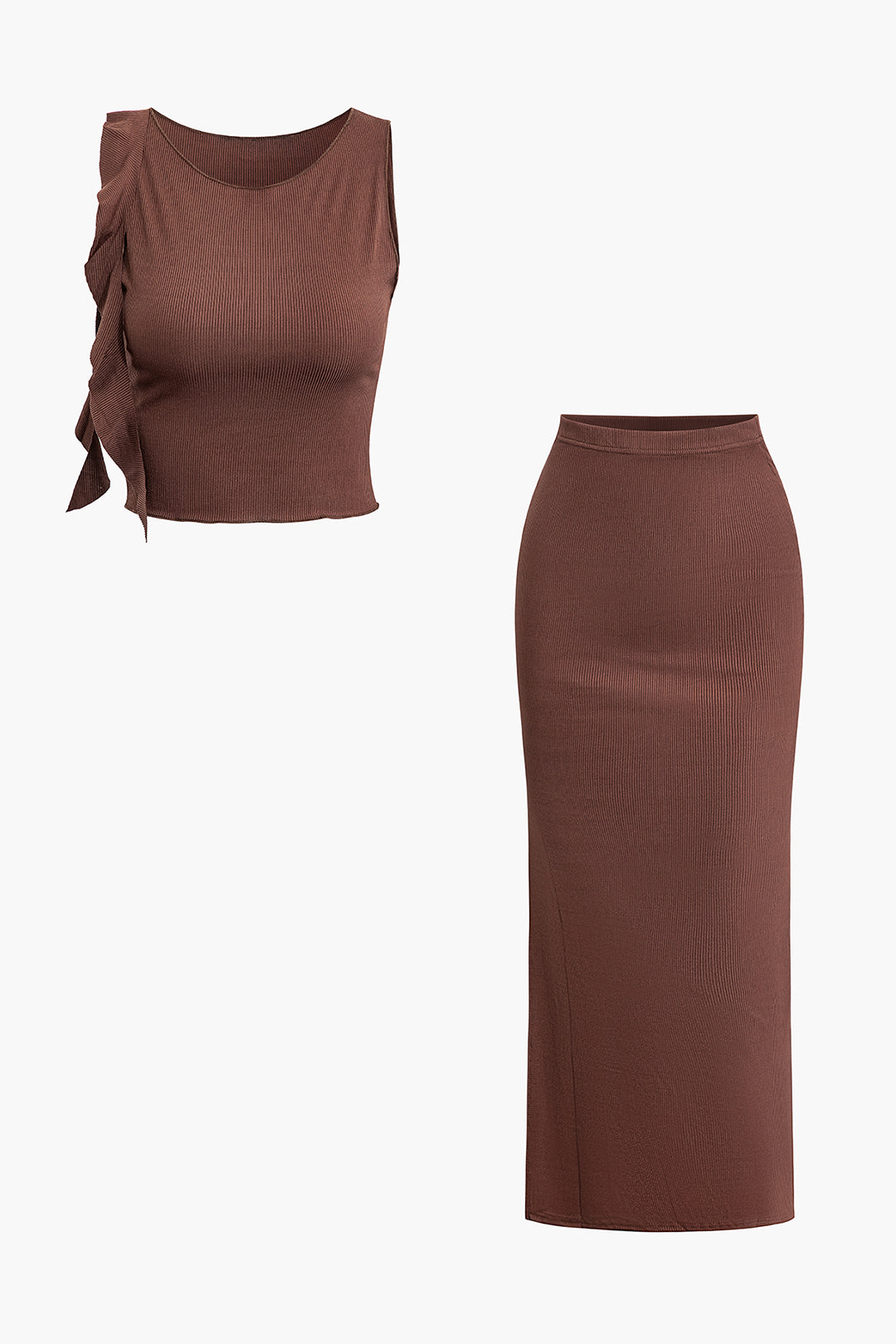 Ruffle Round Neck Sleeveless Crop Top And Split Maxi Skirt Set