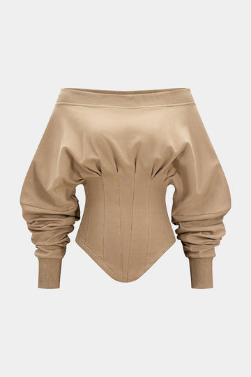 Off Shoulder Metallic Pleated Zipper Waist-Cinching Sweatshirt