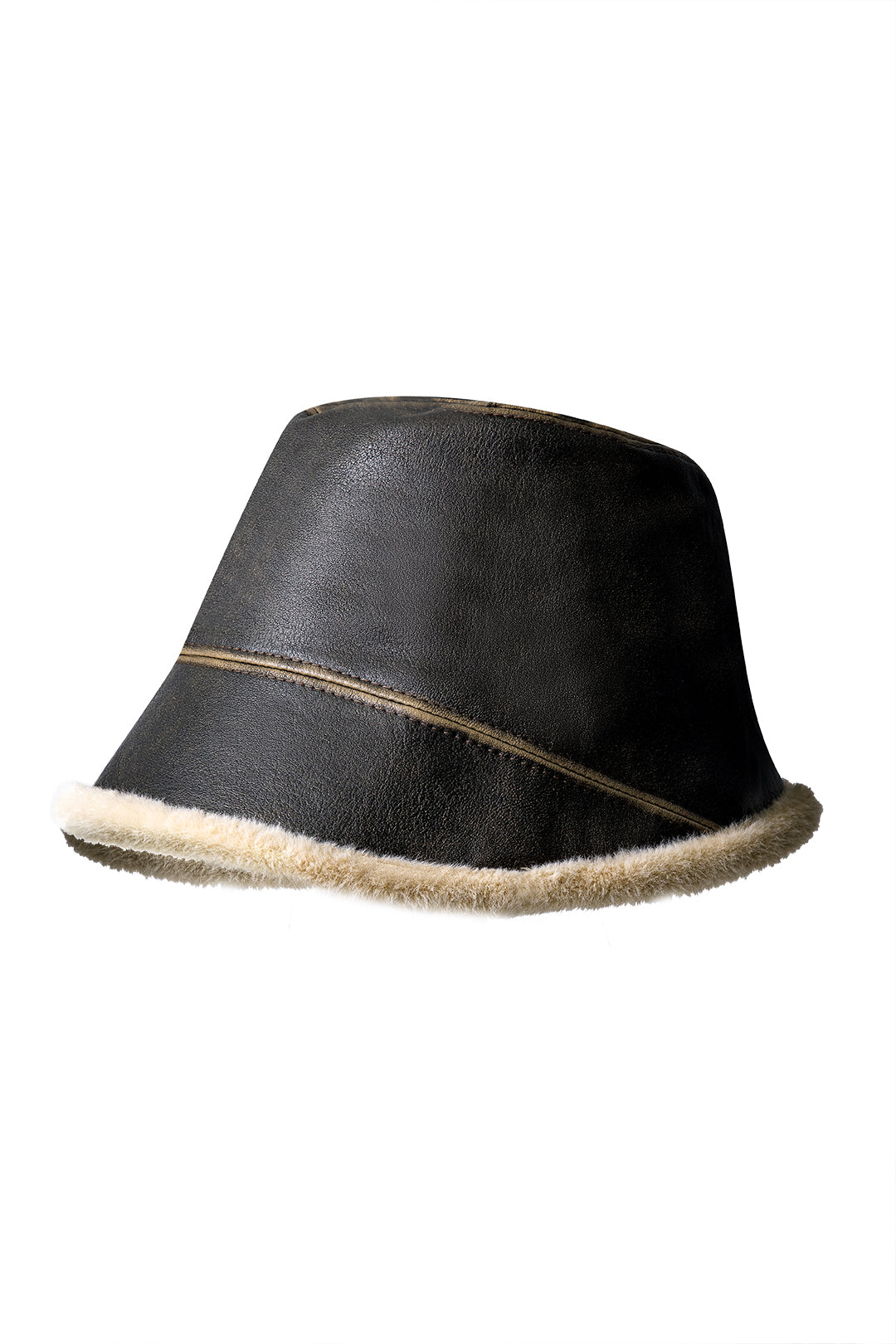 Faux Fur Hem Faux Leather Bucket Hat