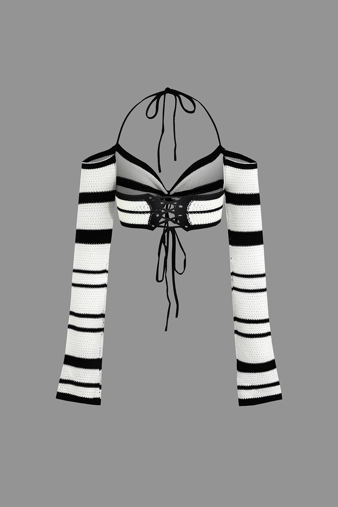 Striped Off Shoulder Halter Lace-Up Knit Crop Top And Skirt Set