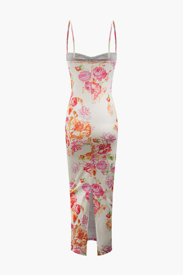 Floral Print Lace Trim Maxi Dress