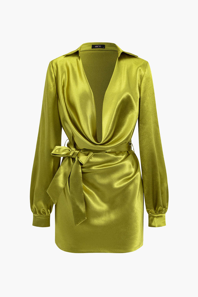 Solid Tie Front Draped Cowl Neck Belted Mini Dress - decent-life