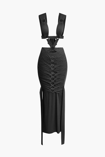 O-Ring Cut Out Ruched Maxi Dress