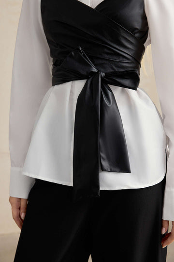 Faux Leather Patchwork Tie-Back Long-Sleeve Shirt