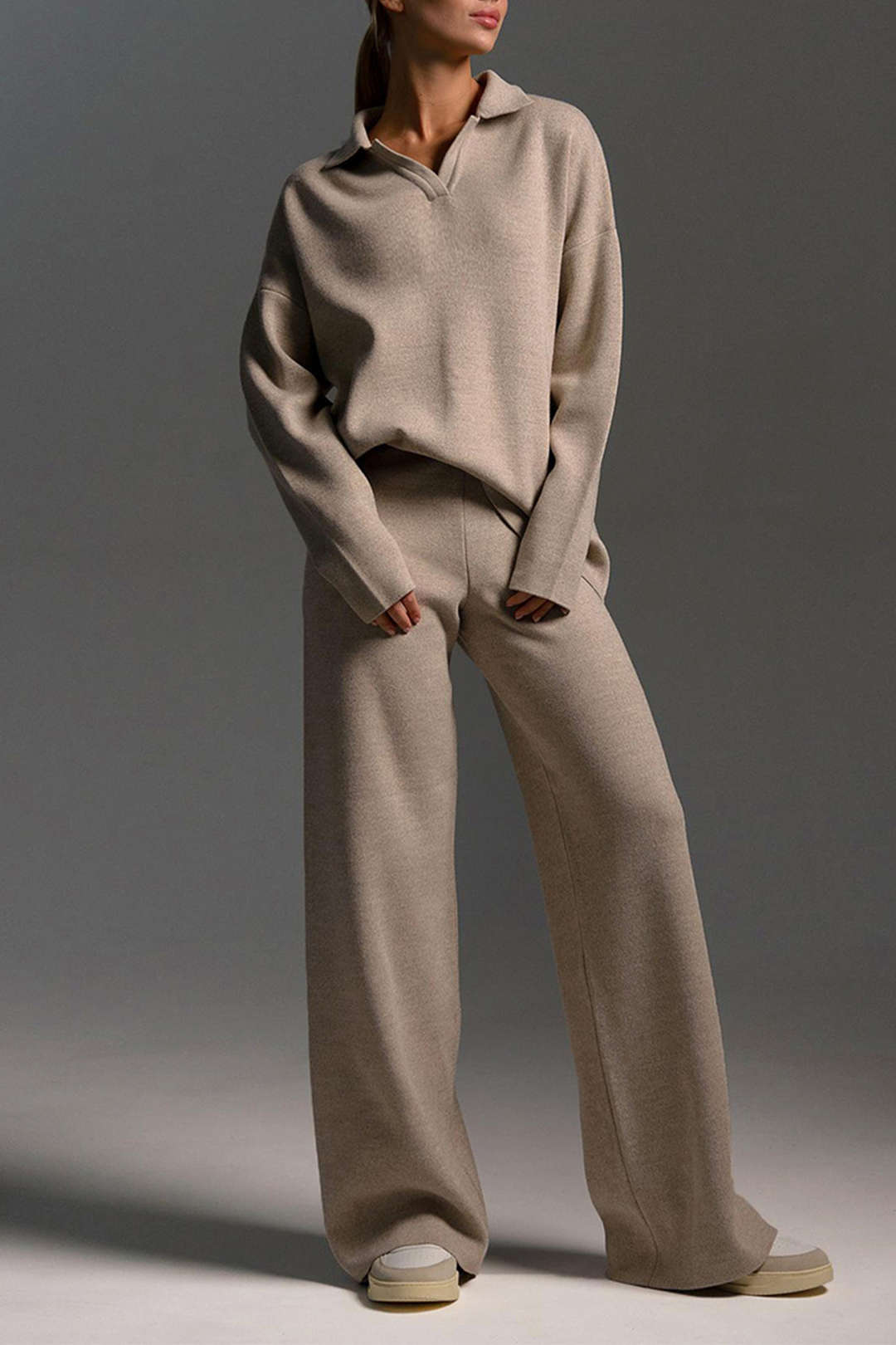 Basic Solid Knit Top And Trousers Set