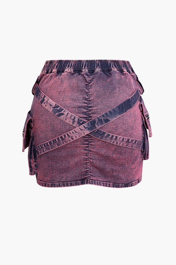 V-qadd Buckle Flap Pocket Denim Cargo Skirt