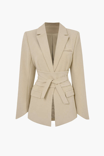 Basic Solid Notched Lapel Belted Blazer