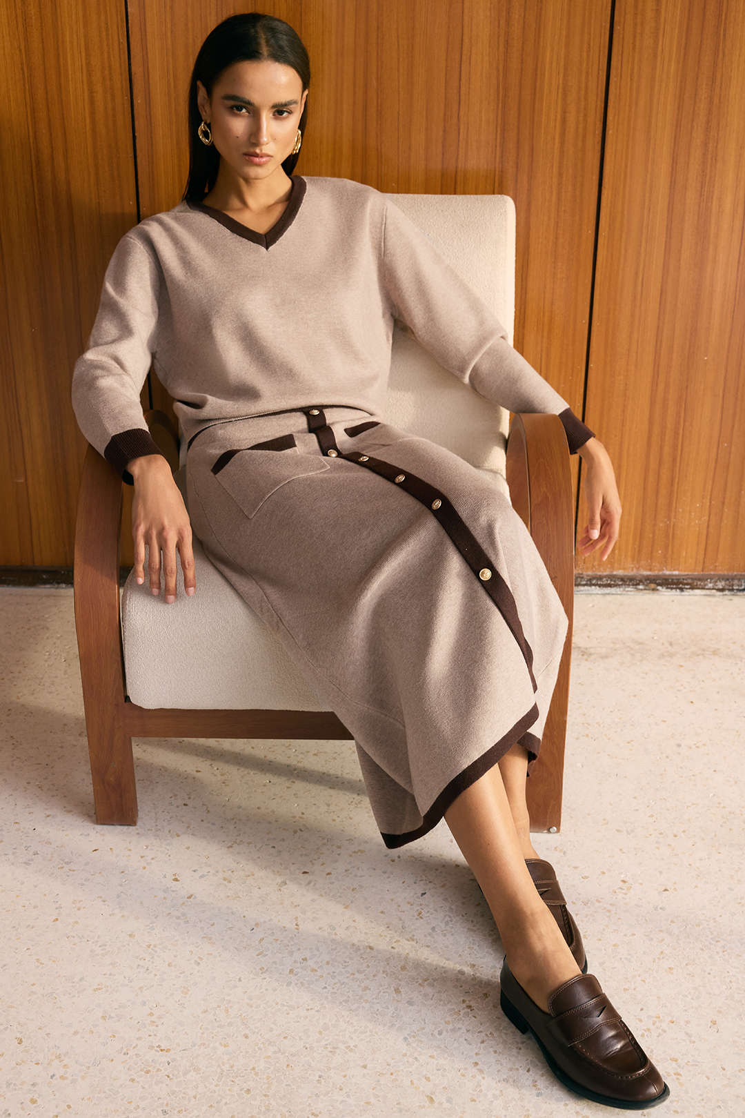 Knit Contrast V-Neck Long-Sleeve Top And Button Skirt Set