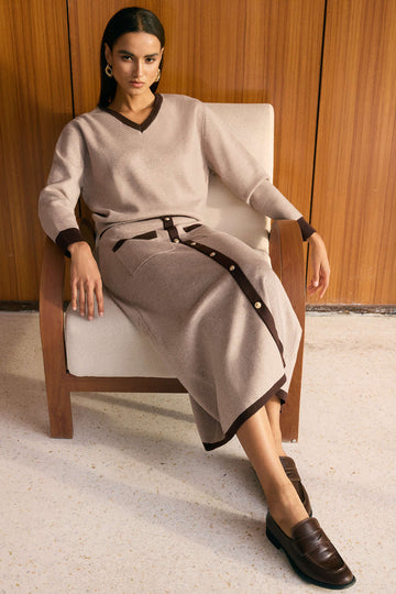 Knit Contrast V-Neck Long-Sleeve Top And Button Skirt Set
