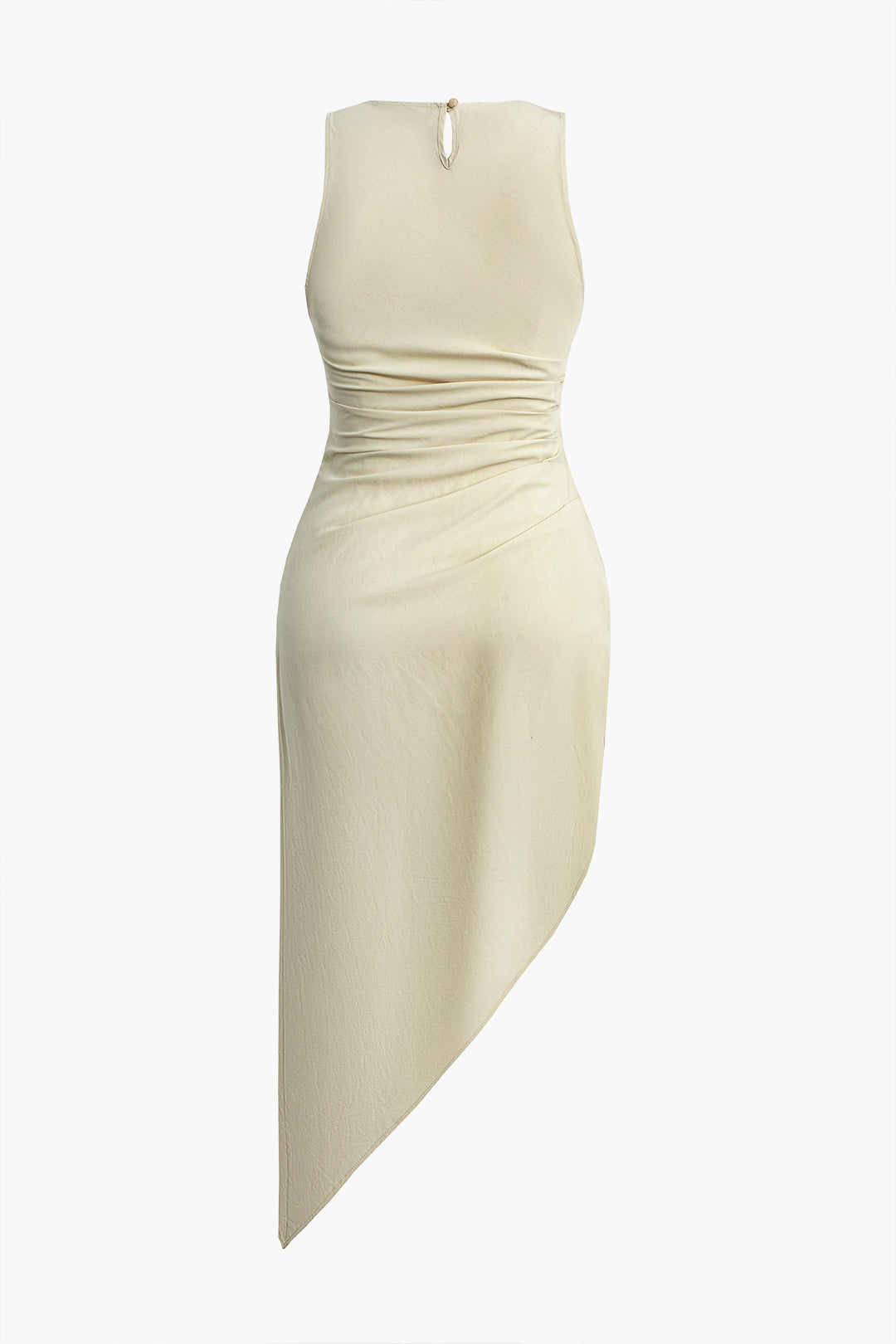 Ruched Sleeveless Asymmetric Hem Midi Dress