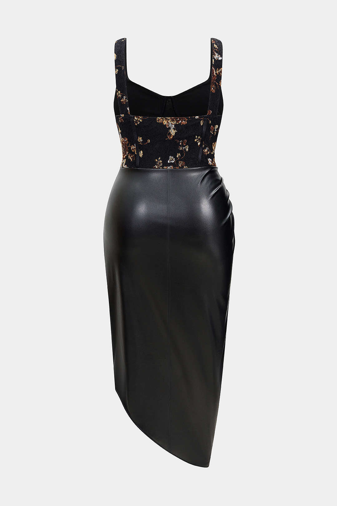 Plus Size Floral Print Faux Leather Patchwork Bustier Sleeveless Maxi Dress