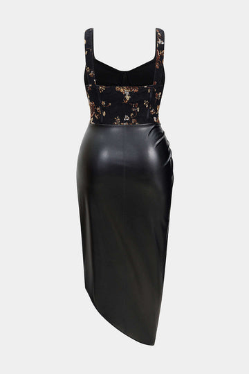 Plus Size Floral Print Faux Leather Patchwork Bustier Sleeveless Maxi Dress