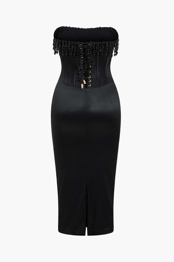 Pearl Braided Eyelet Corset Midi Dress