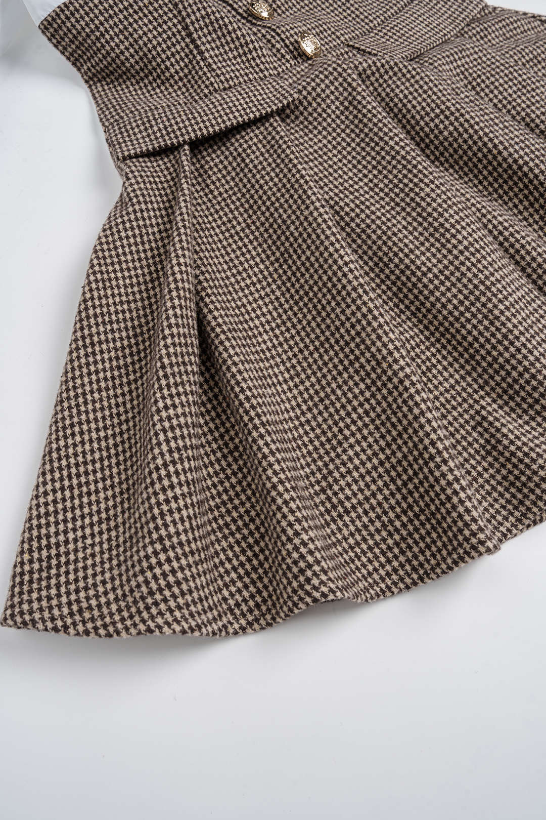 Houndstooth Print Patchwork Pleated High Waist Long-Sleeve Mini Dress