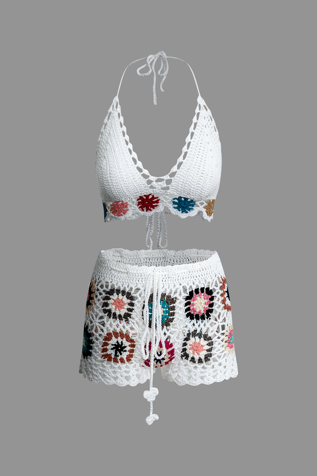 Bohemia Pattern Knit Tie Halter Cami Top And Hollow Out Shorts Set
