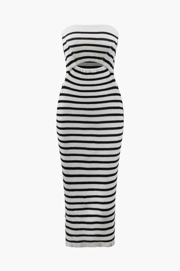 Stripe Cut Out Knit Strapless Midi Dress