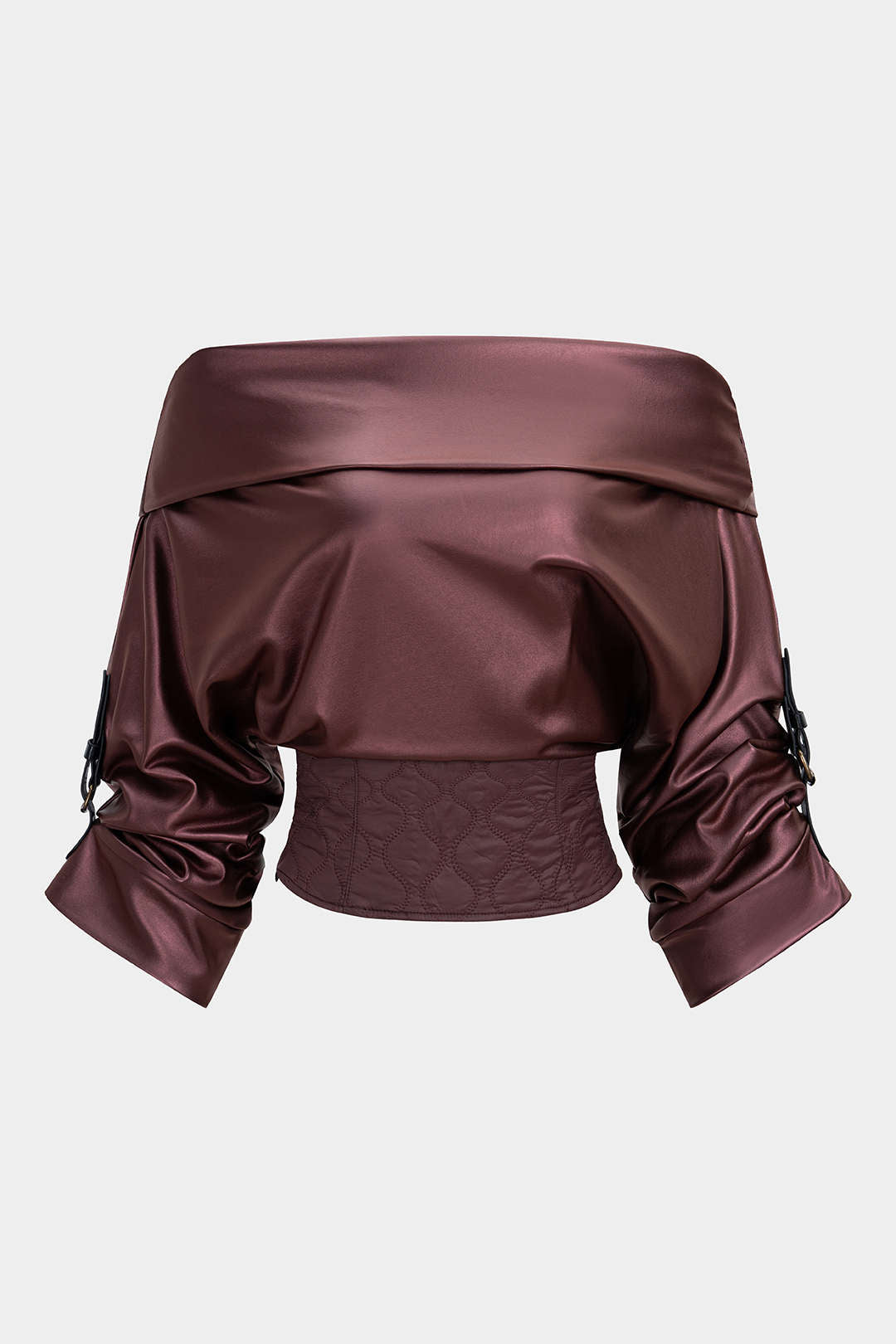 Faux Leather Quilted Patchwork Off Shoulder Long-Sleeve Shirt