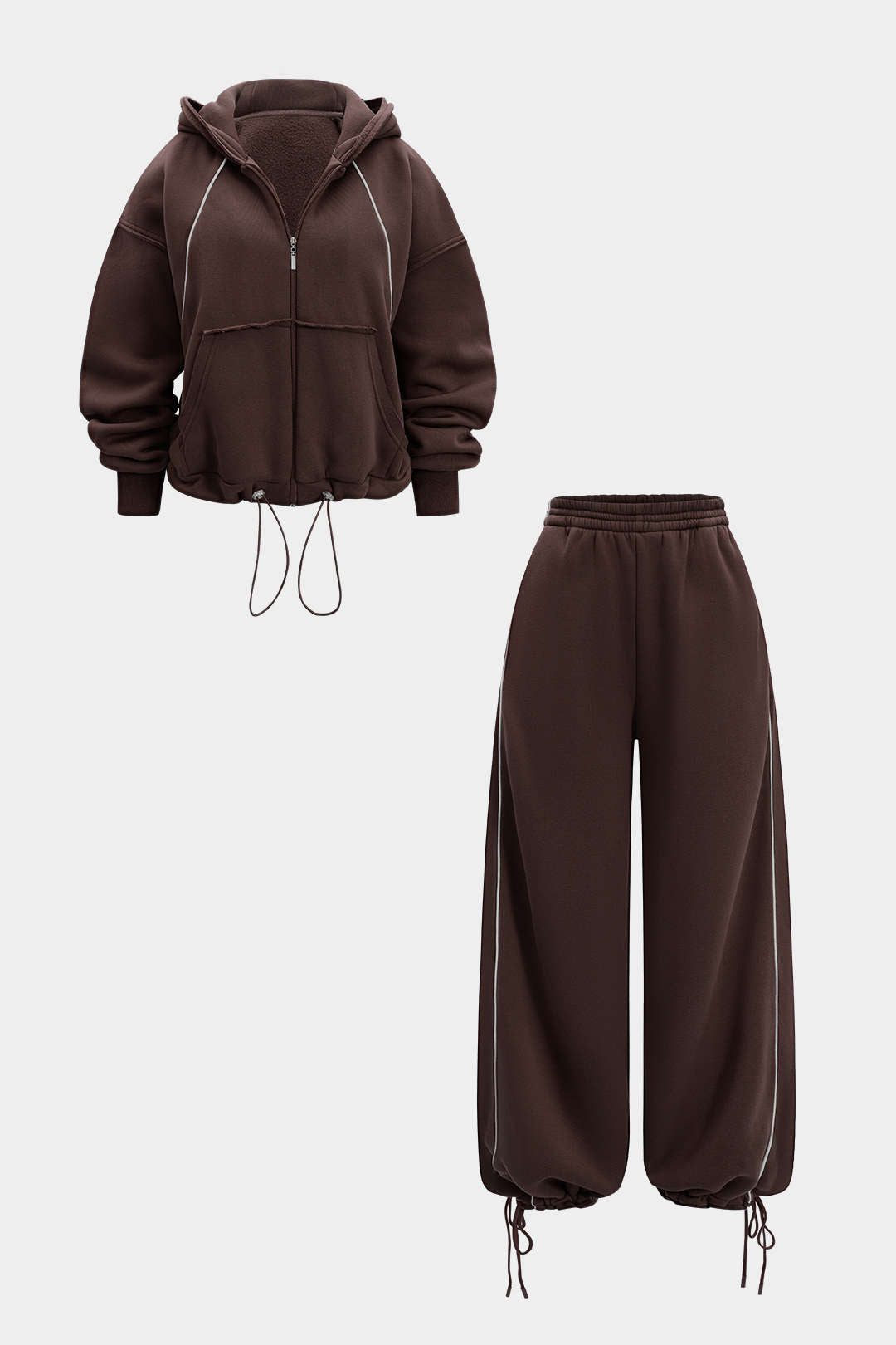 Drawstring Zipper Hoodie And Straight Leg Tie-Up Trousers Set