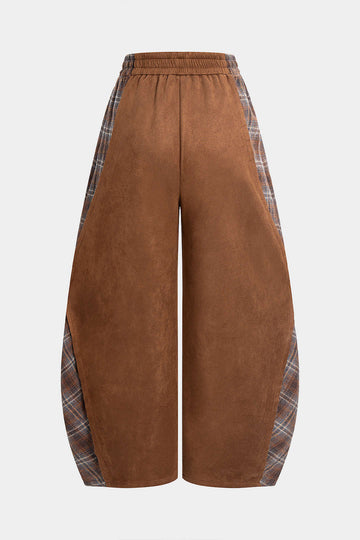Plaid Print Suede Patchwork Shirred Waistband Pants