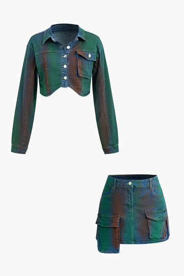 Tie Dye Button Up Crop Denim Jacket And Flap Pocket Mini Skirt Set