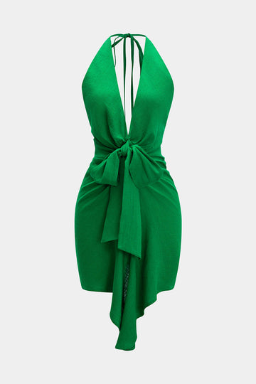 Linen Tie Front V-Neck Halter Neck Ruched Backless Sleeveless Mini Dre Micas Linen Tie Front V-Neck Halter Neck Ruched Backless Sleeveless Mini Dre Micas